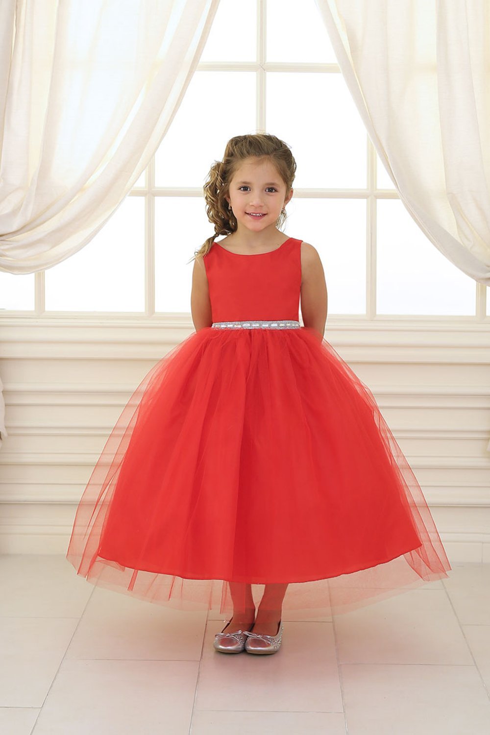 Red Satin Bodice Flower Girl Dress with Overlay Tulle Skirt
