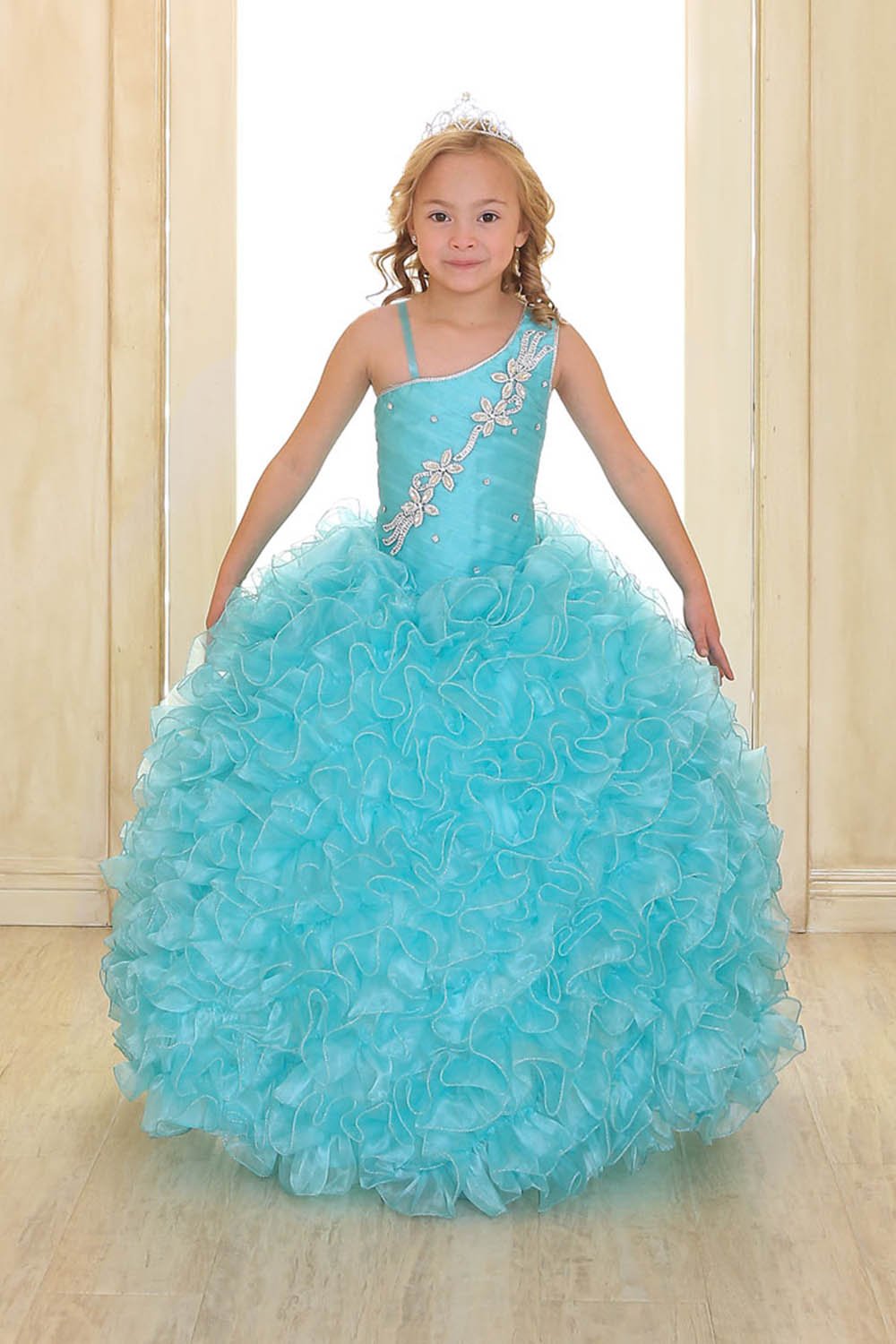 Aqua Organza One Shoulder Strap Pageant Girl Dress Aqua Organza One Shoulder Strap Pageant Girl Dress
