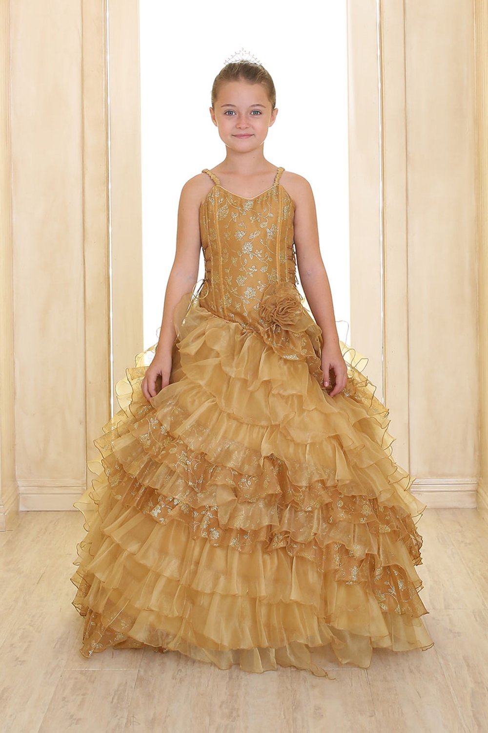 Gold Sleeveless Organza Ruffled Dress with Diagonal Layers Pageant Dress Gold Sleeveless Organza Ruffled Dress with Diagonal Layers Pageant Dress
