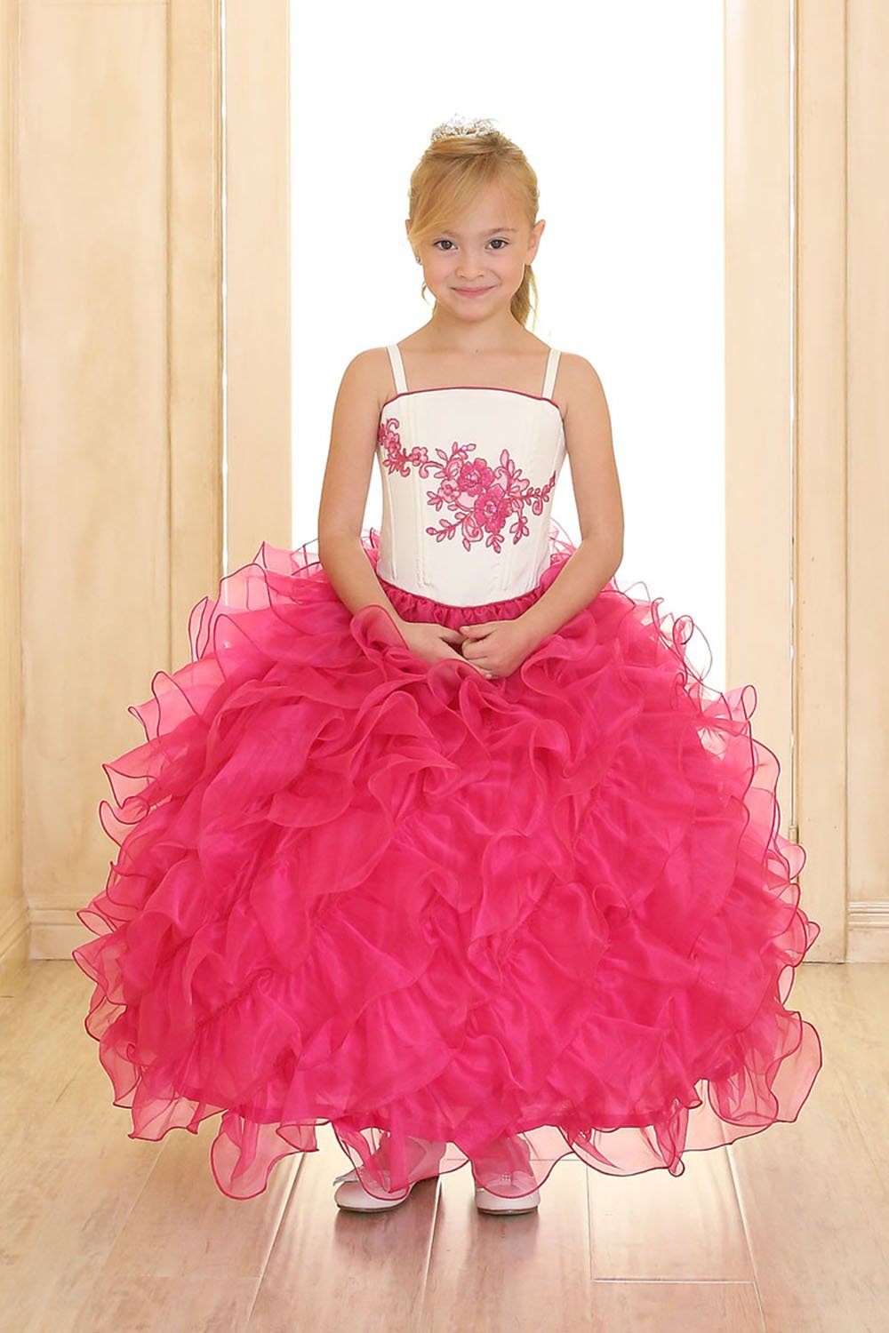 Ivory/Fuchsia Taffeta and Organza Ruffle Pageant Dress Ivory/Fuchsia Taffeta and Organza Ruffle Pageant Dress