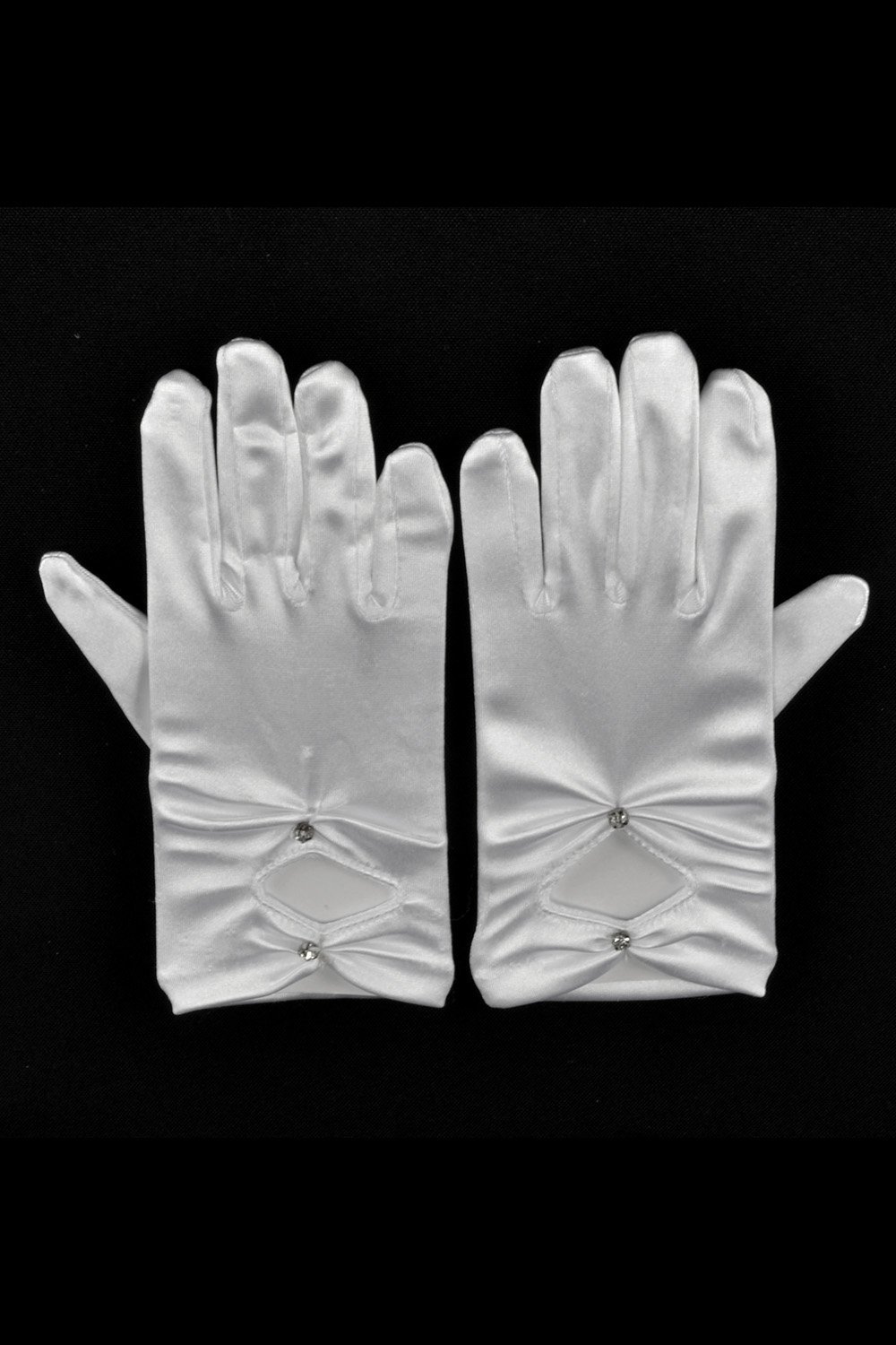 White Short Satin Girls Glove with Rhinestone Accents White Short Satin Girls Glove with Rhinestone Accents
