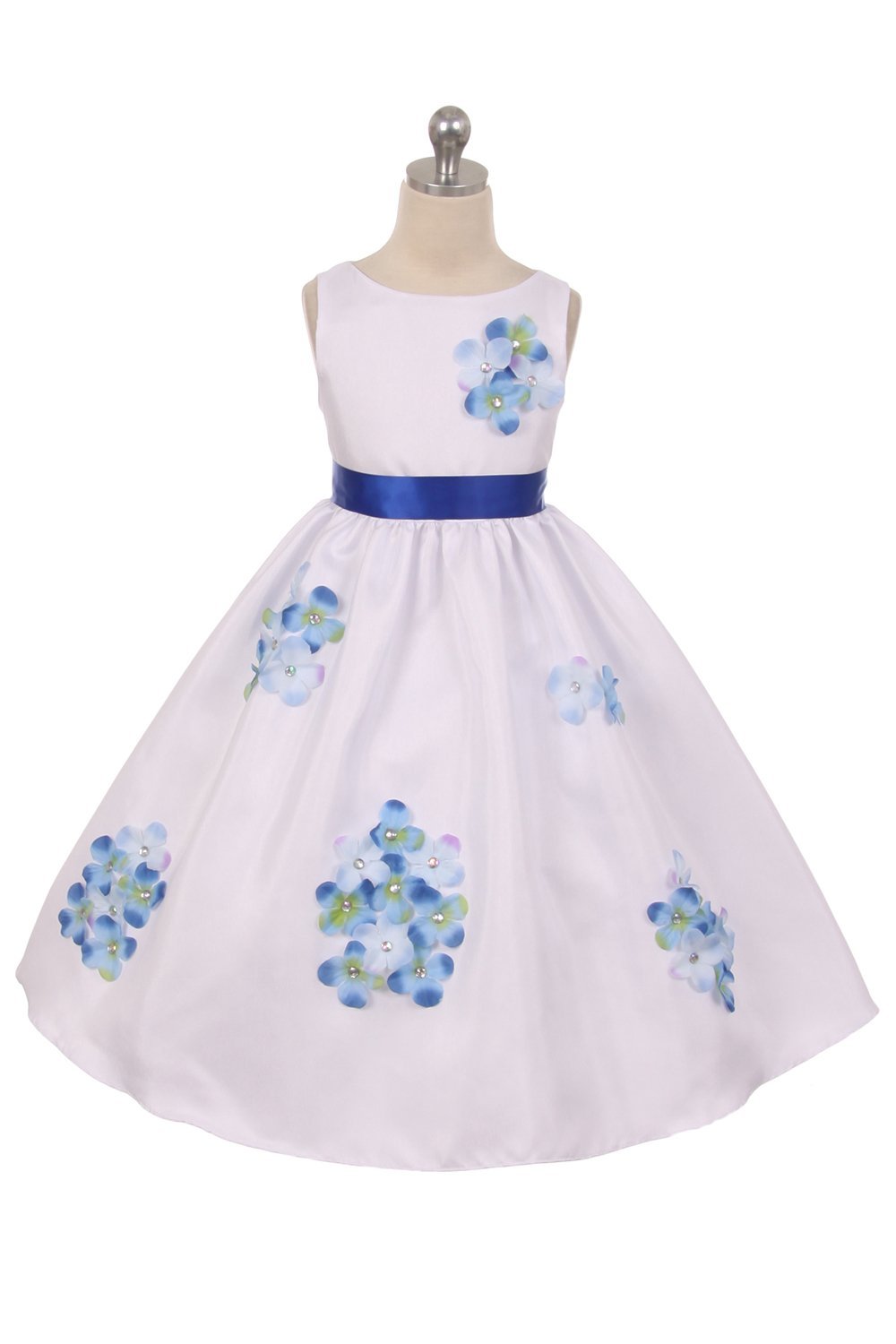 White/Blue Poly Silk Flower Girls Dress with 3D Flower Petals
