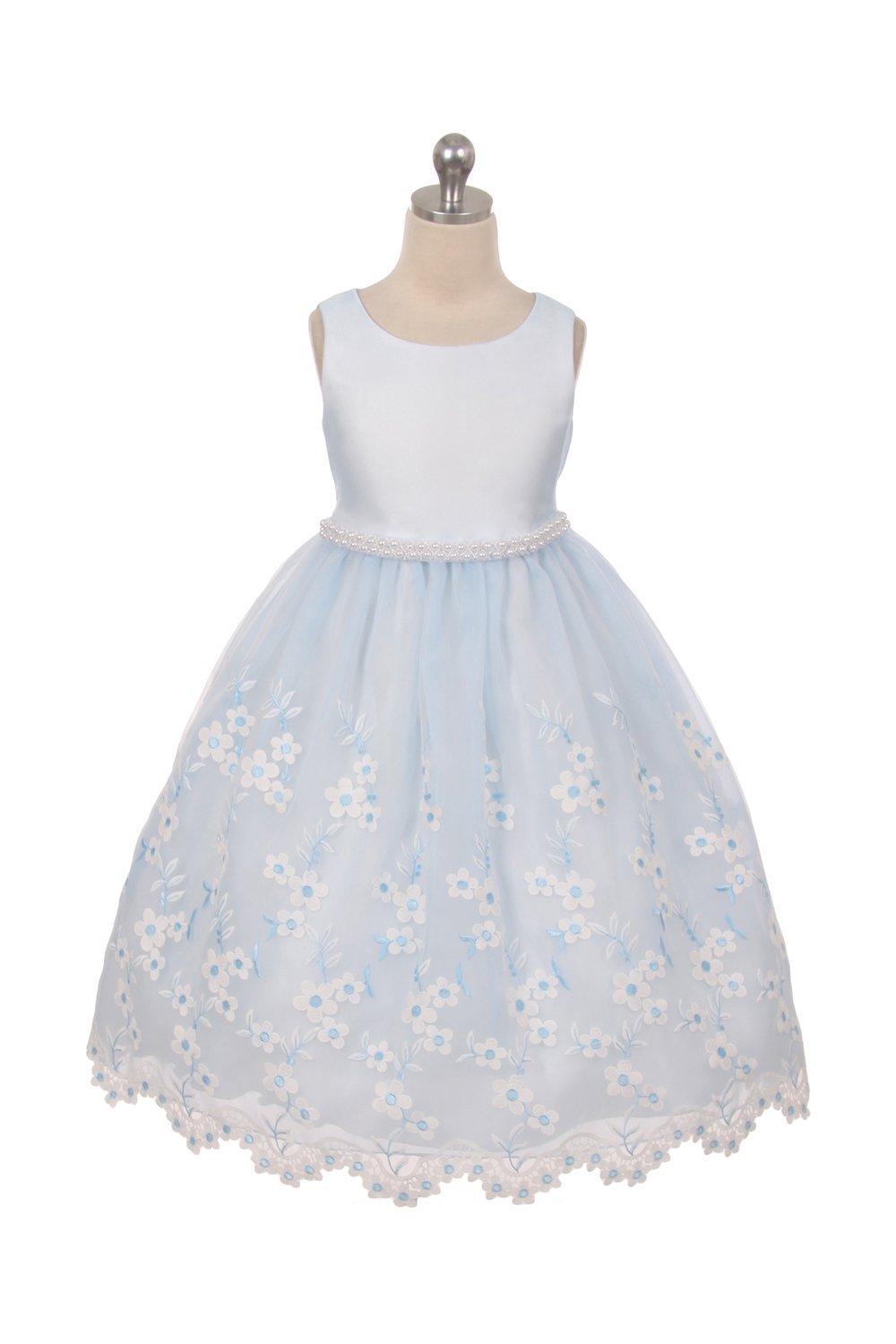 Baby Blue Gergous Embroidered Girls Formal Dress with Pearl Sash