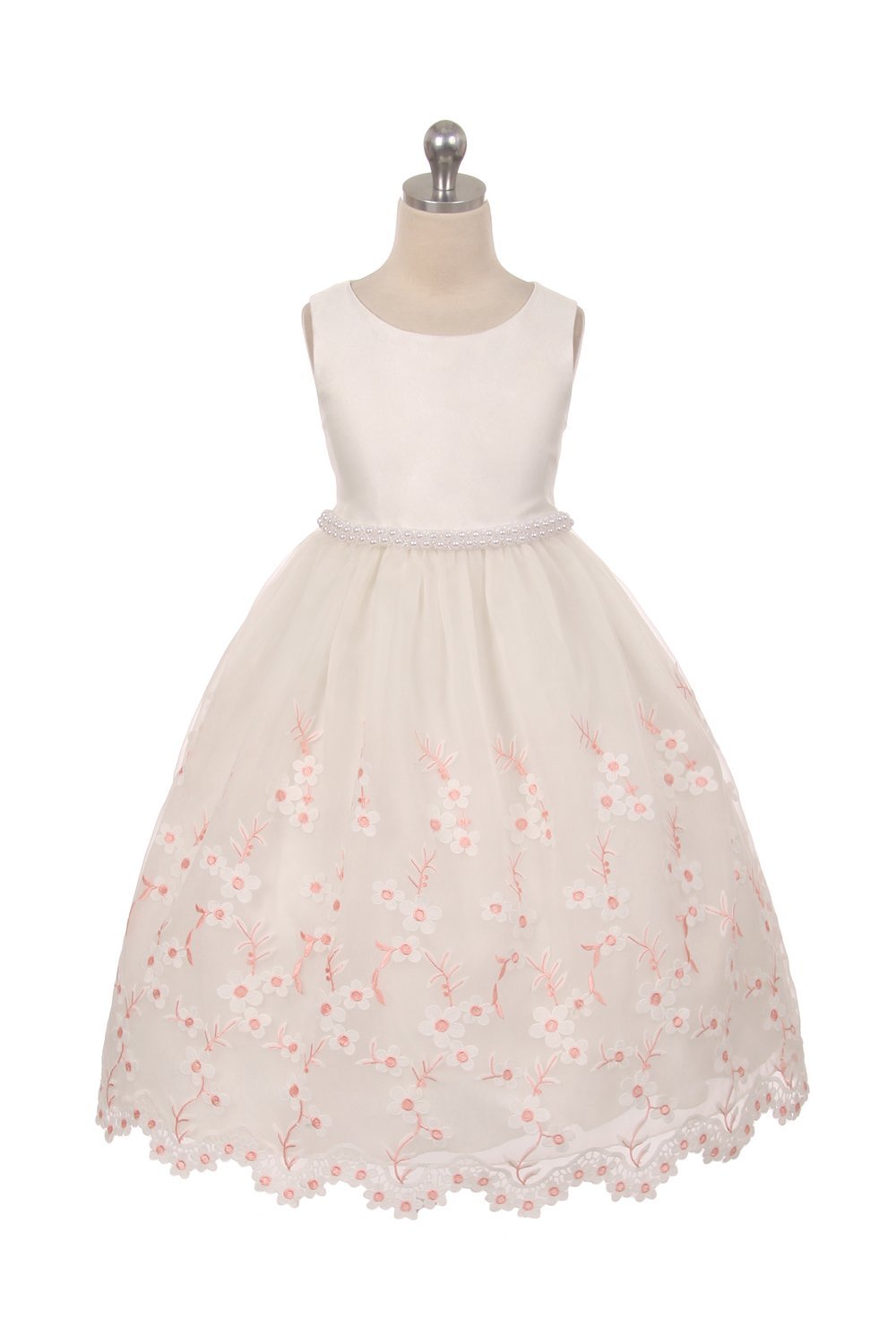Ivory/Rose Gergous Embroidered Girls Formal Dress with Pearl Sash Ivory/Rose Gergous Embroidered Girls Formal Dress with Pearl Sash
