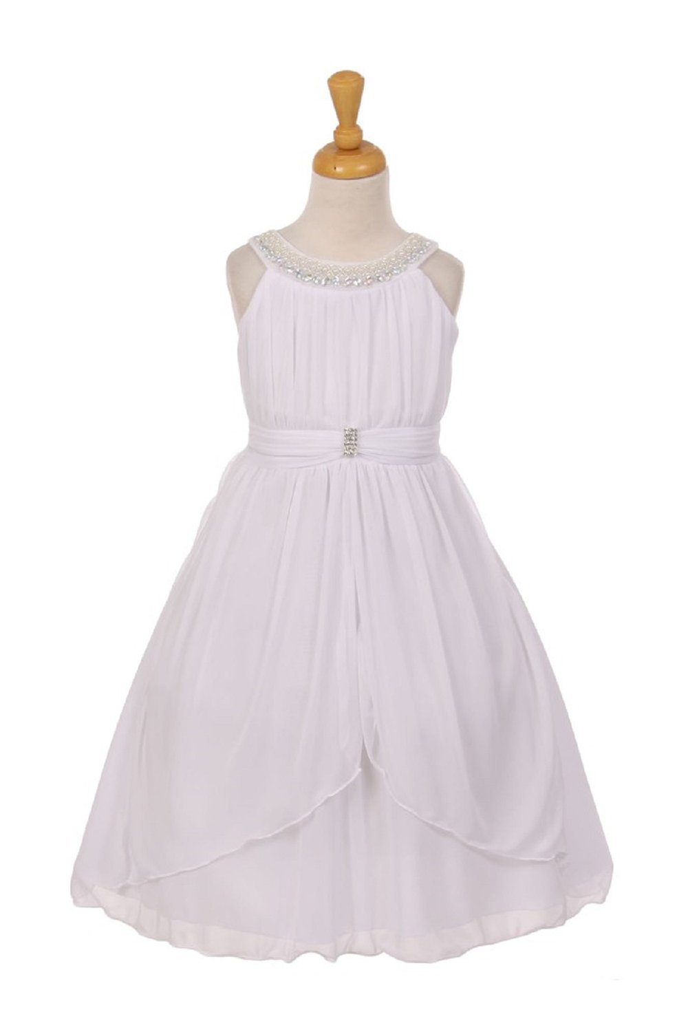 White Sleeveless Beaded Neck Trim Chiffon Matt Jersey Flower Girl Dress