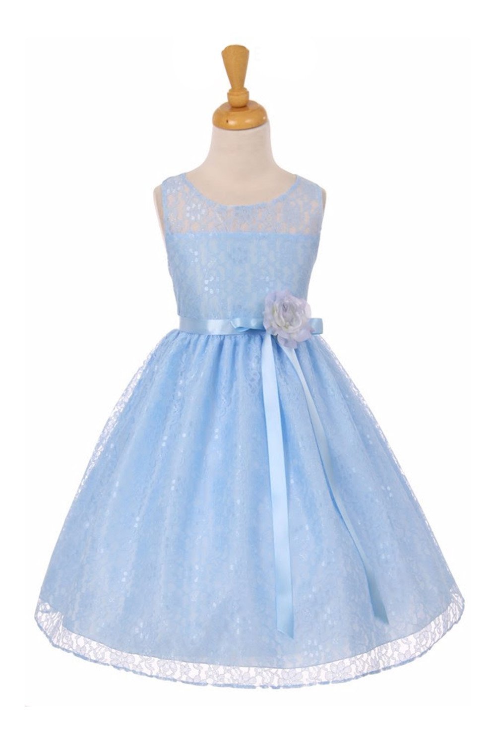 Blue Sleeveless Lace Dress with Oval Shape Open Back Girl Dress