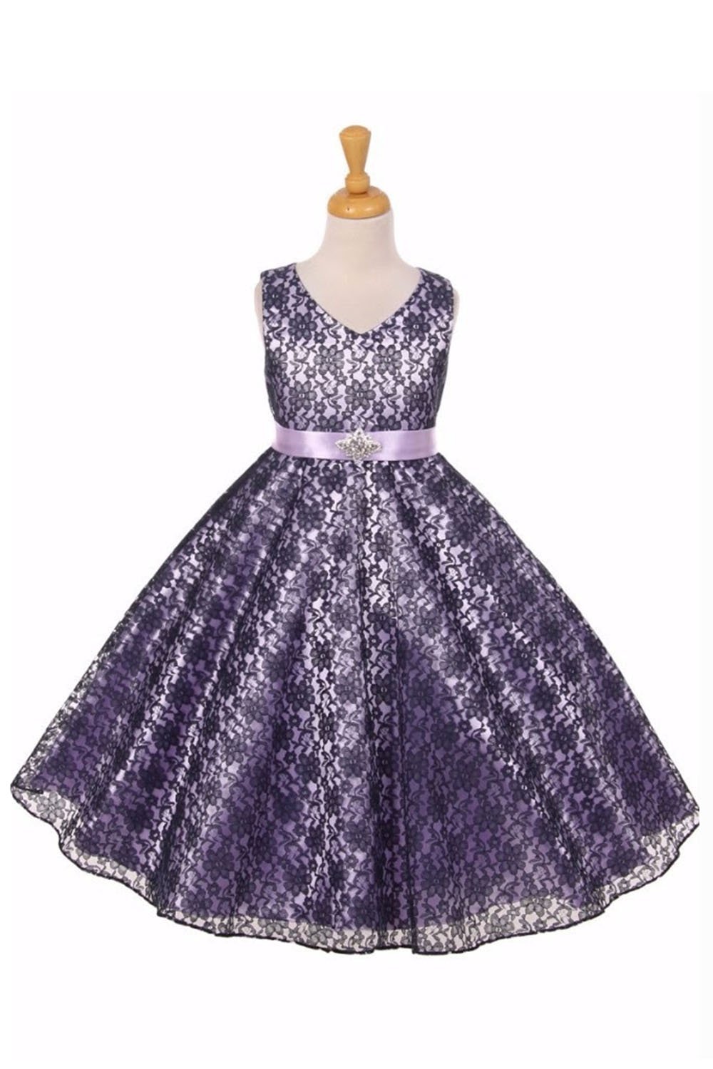 Navy/Lavender Floral Pattern Flower Girl Dress with Satin Sash Navy/Lavender Floral Pattern Flower Girl Dress with Satin Sash