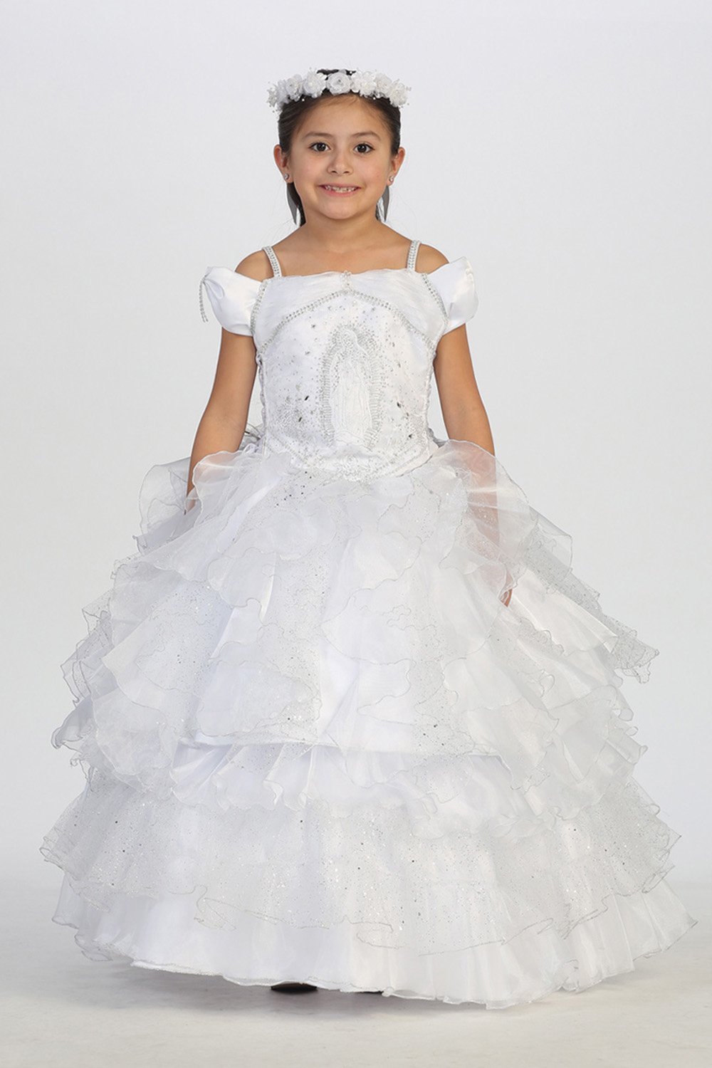 White Off the Shoulder Embroidered Virgin Mary Communion Dress 