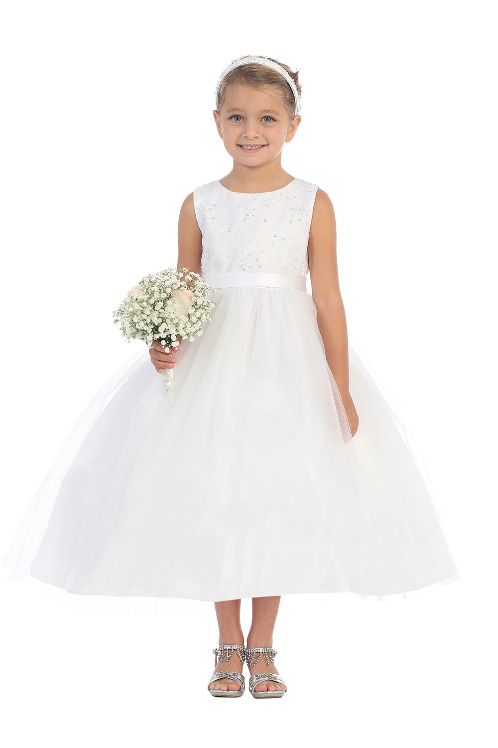 White Sleeveless Lace Bodice Flower Girl Dress with Overlay Tulle Skirt White Sleeveless Lace Bodice Flower Girl Dress with Overlay Tulle Skirt