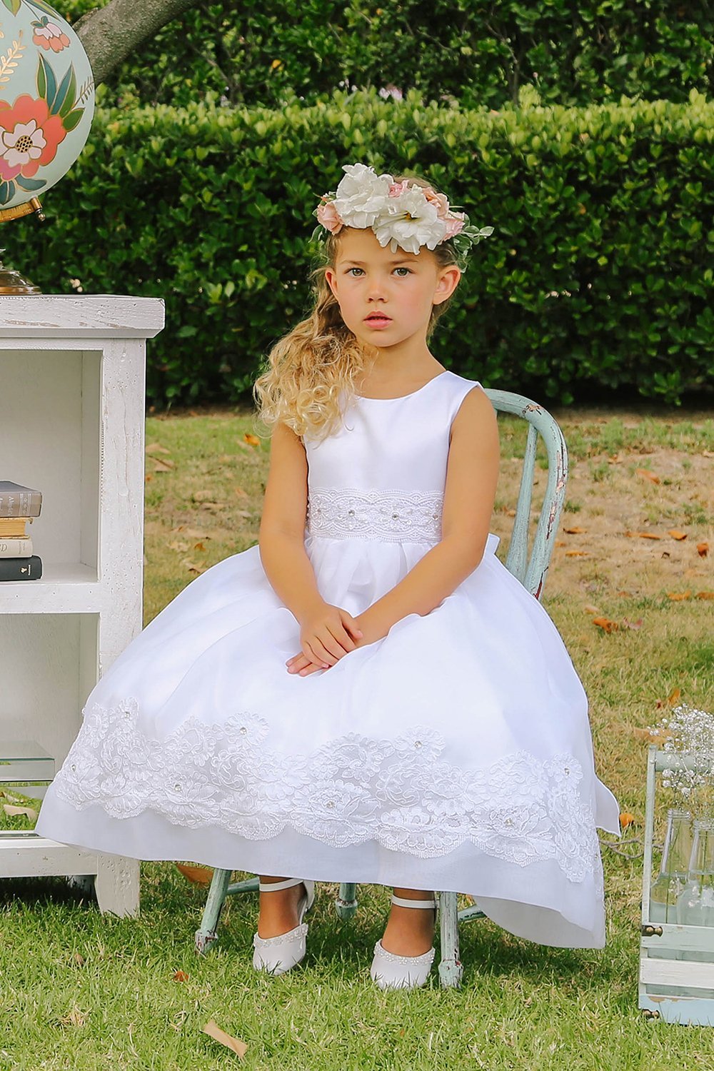 White Sleeveless Satin and Organza Flower Girl Dress