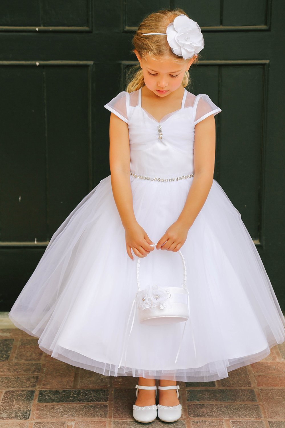 White Satin and Tulle Cap Sleeve Flower Girl Dress with Rhinestone Accents