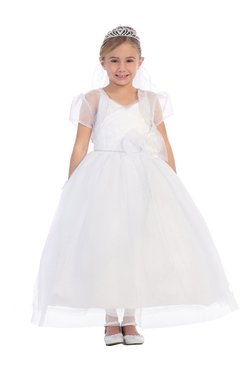 White Sleeveless V-Neck Flower Girl Dress with Bolero Jacket 