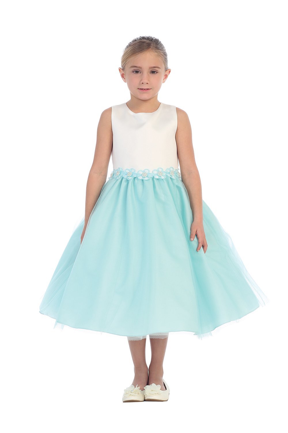 Ivory/Aqua Satin Bodice Flower Girl Dress with Overlayed Tulle Skirt