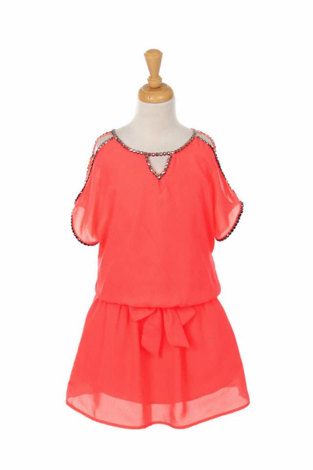 Coral Chiffon Open Shoulder Slit With Rhinestones Girls Dress Coral Chiffon Open Shoulder Slit With Rhinestones Girls Dress