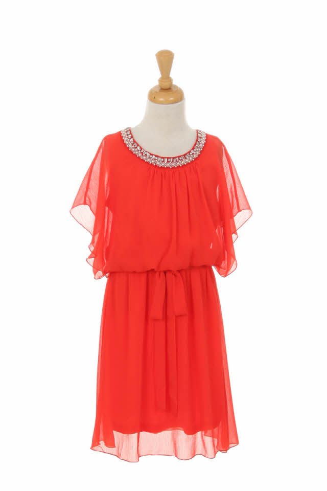 Coral Elegant Pearl Beaded Yuro Chiffon Dress Coral Elegant Pearl Beaded Yuro Chiffon Dress