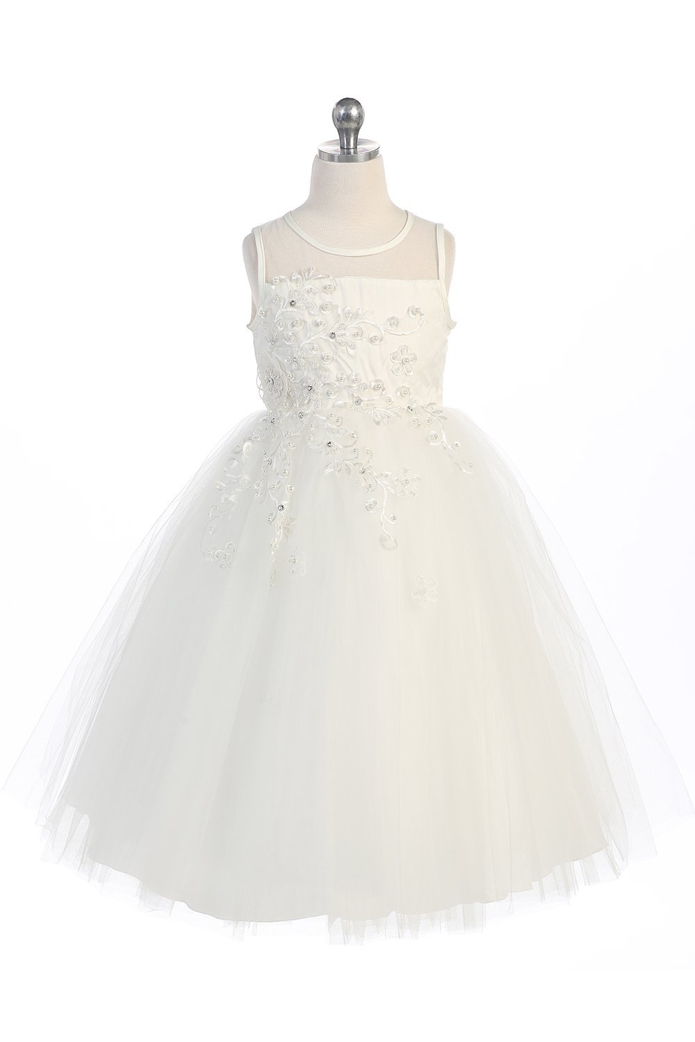 Ivory Sleeveless Satin and Tulle Flower Girls Dress with Embroidery