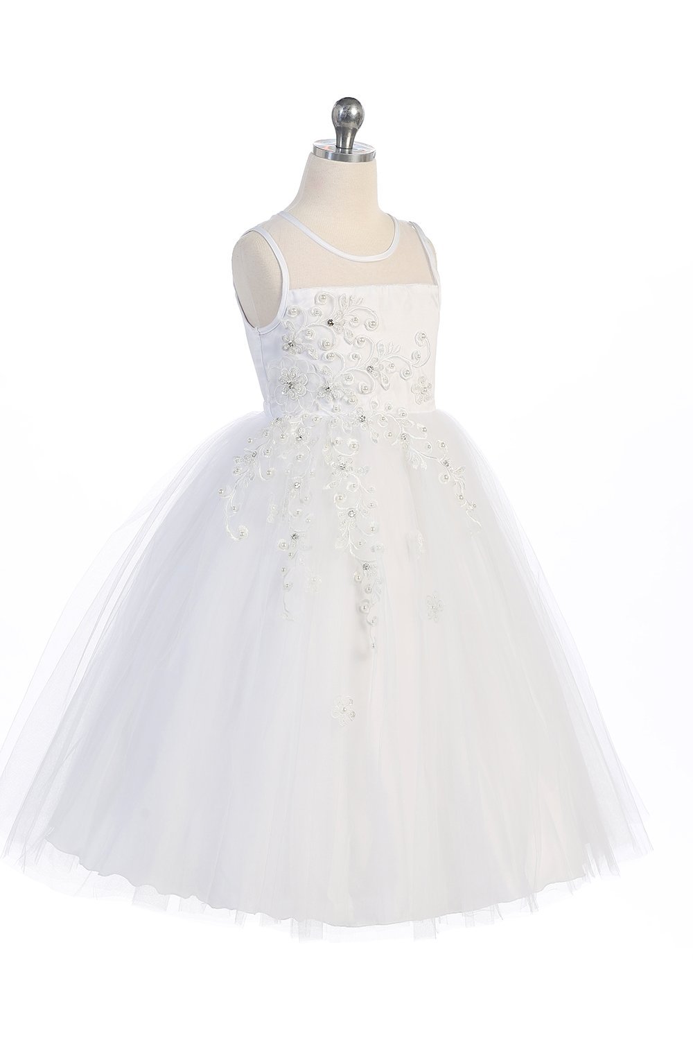 White Sleeveless Satin and Tulle Communion Dress with Embroidery White Sleeveless Satin and Tulle Communion Dress with Embroidery