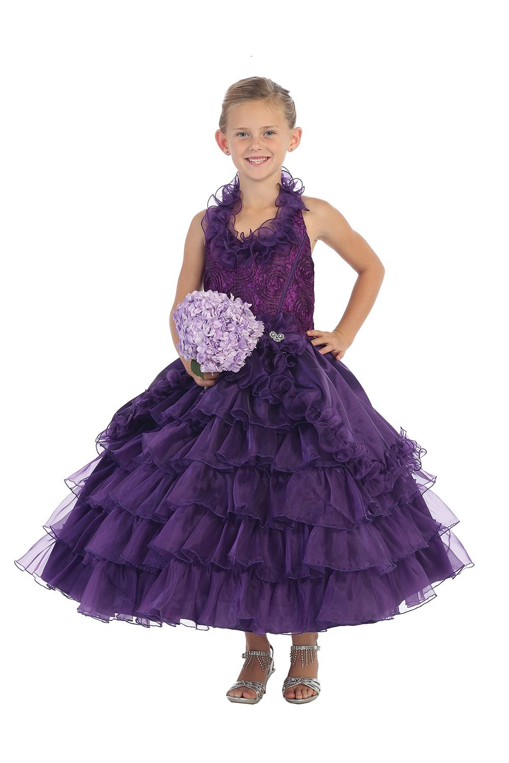 Purple Embroidered Bodice Organza Ruffled Pageant Dress