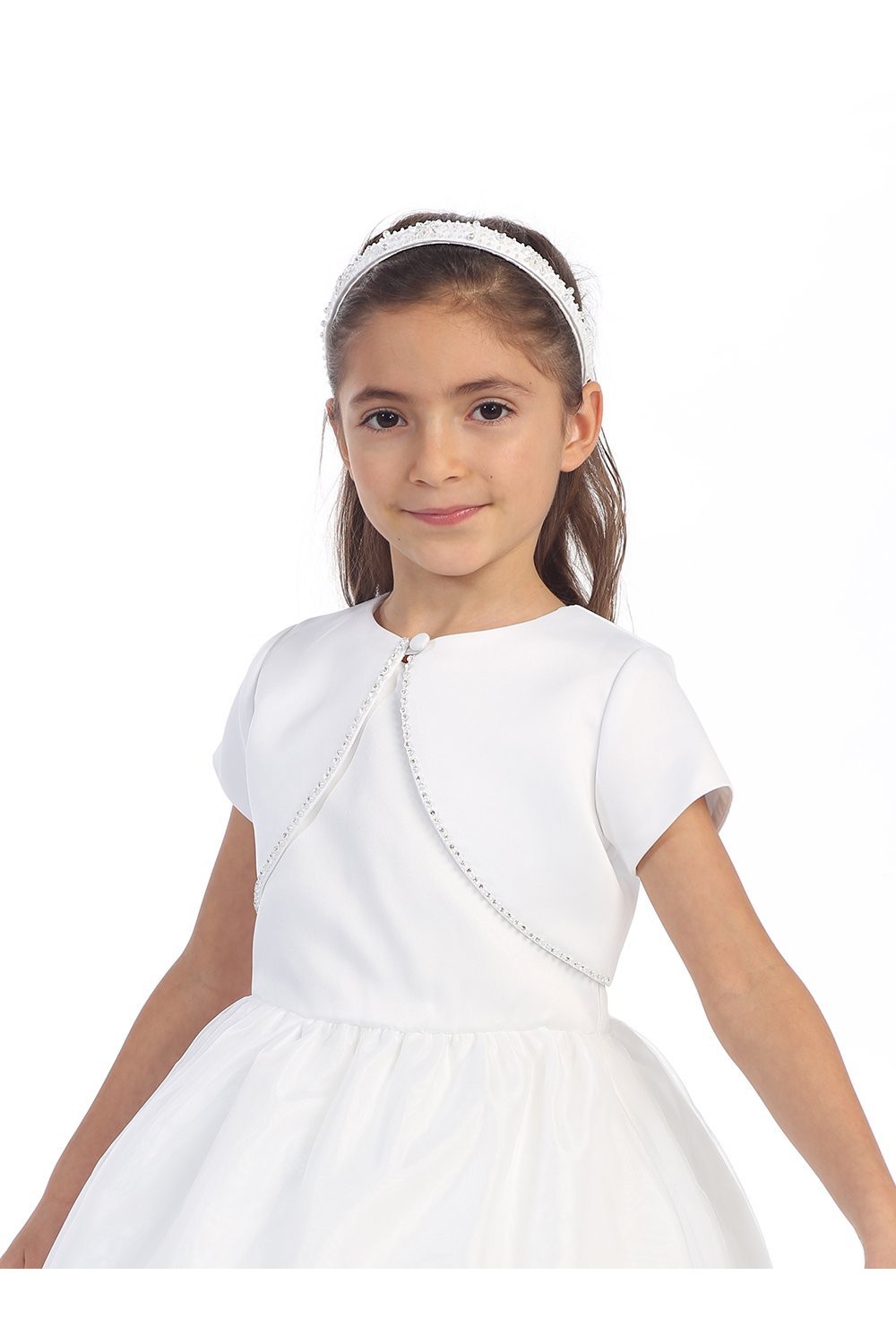 Beautiful Satin Short Sleeve Bolero with Bead Trimming - White Beautiful Satin Short Sleeve Bolero with Bead Trimming - White