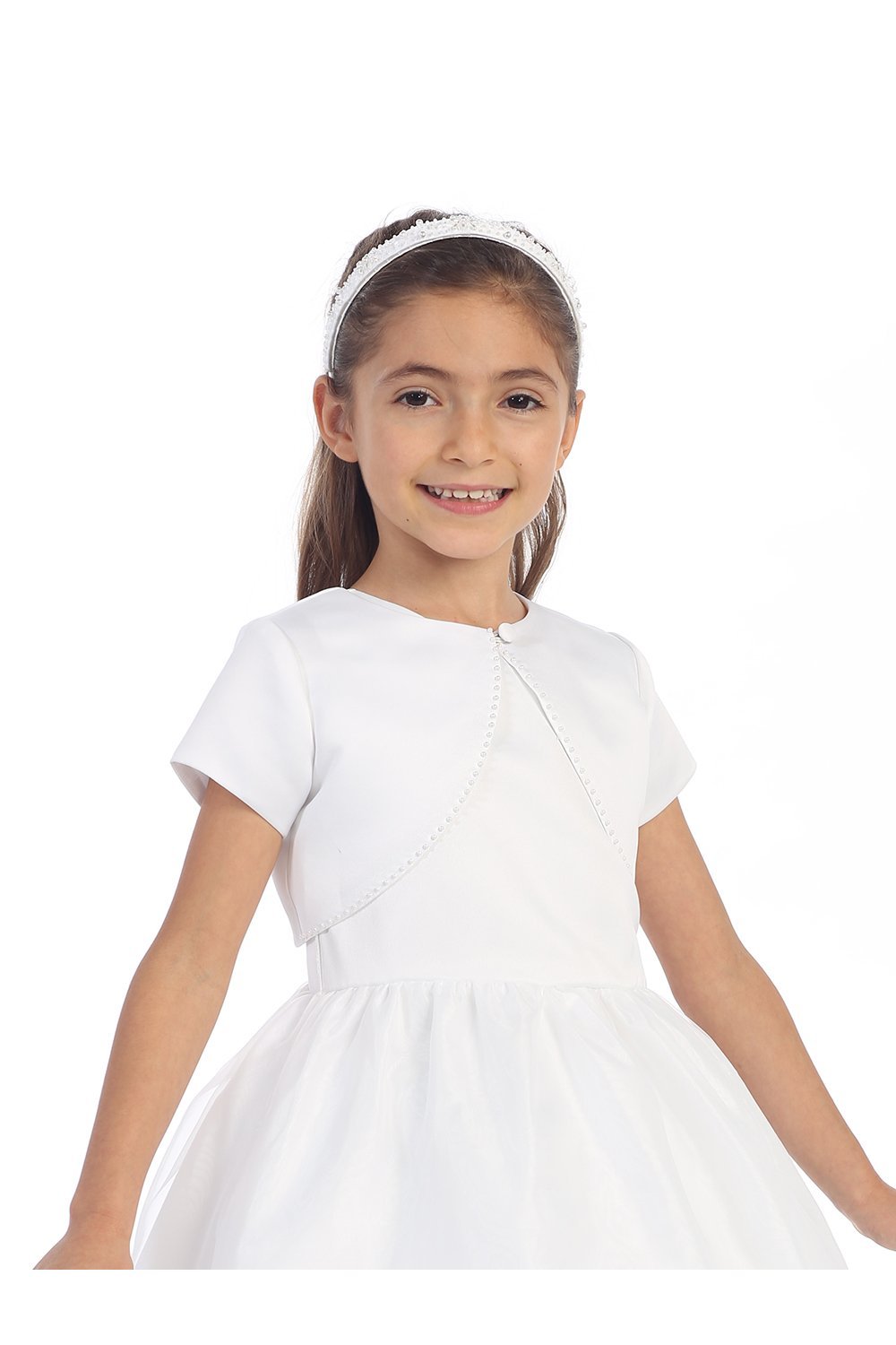 Beautiful Satin Short Sleeve Bolero with Pearl Trimming - White Beautiful Satin Short Sleeve Bolero with Pearl Trimming - White