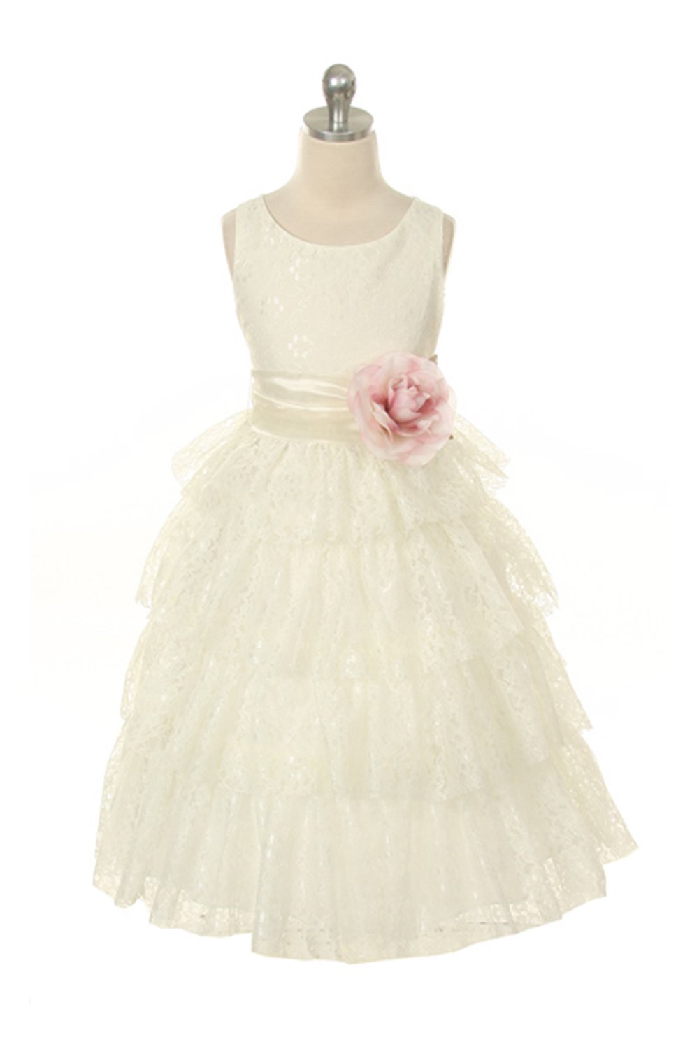 Ivory/Ivory Lace Layered Dress with Detachable Organza Sash