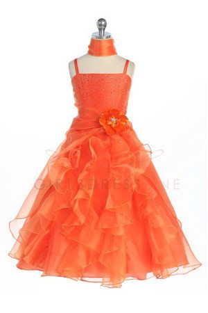 Orange Jeweled Bodice Ruffle Layered Organza Flower Girl Dress