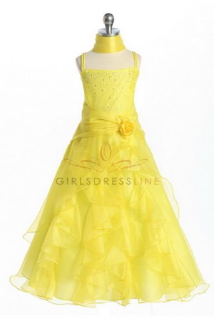 Yellow Jeweled Bodice Ruffle Layered Organza Flower Girl Dress