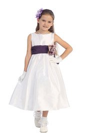 White/Eggplant Flowers and Sash Flower Girl Dress  - Flower Girl Dresses