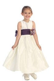 Ivory/Eggplant Flowers and Sash Flower Girl Dress  - Flower Girl Dresses