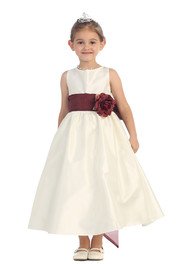 Ivory/Burgundy Flowers and Sash Flower Girl Dress - Flower Girl Dresses