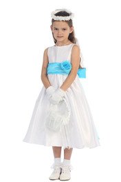 White/Aqua Flowers and Sash Flower Girl Dress  - Flower Girl Dresses