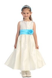 Ivory/Aqua Flowers and Sash Flower Girl Dress  - Flower Girl Dresses