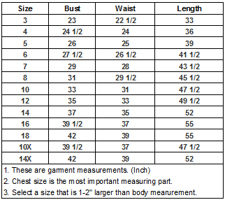 Size Chart for White Taffeta Organza Ruffles Communion Dress MDR1438-WH